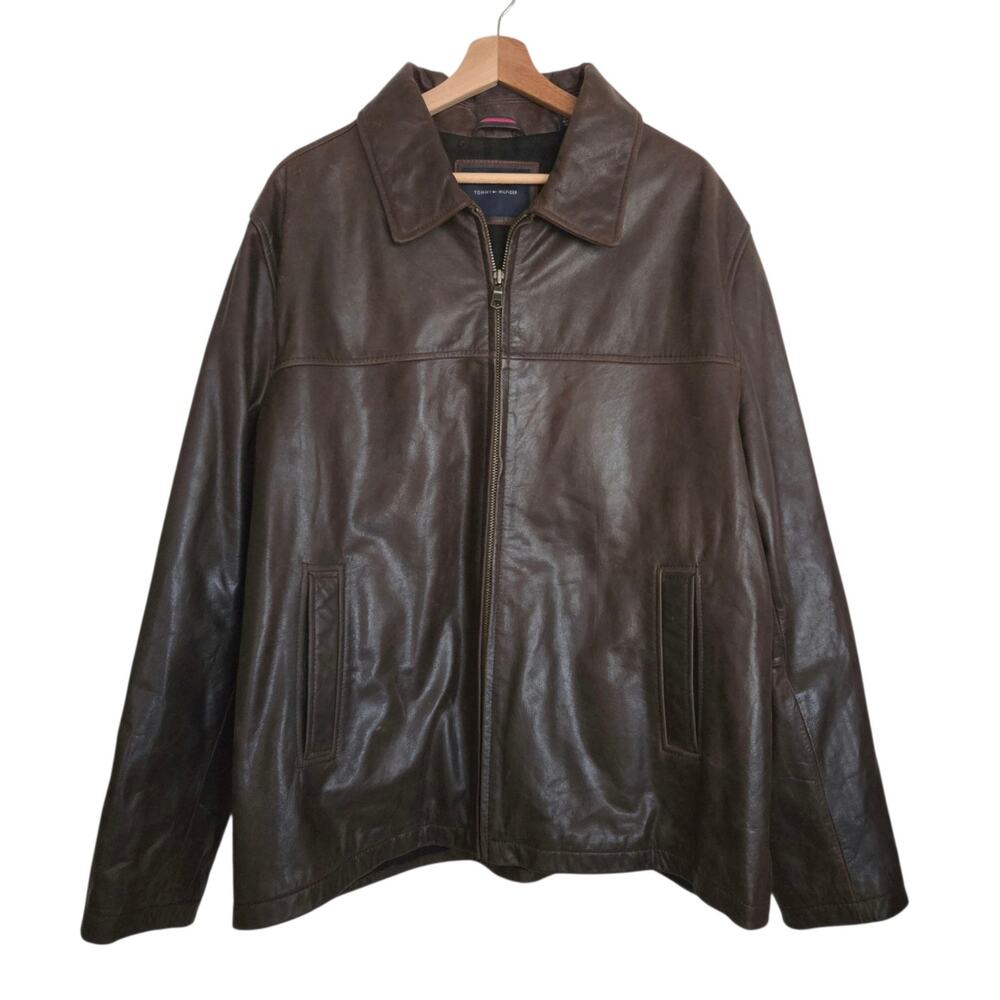 Tommy Hilfiger Dark Brown Zip Up Leather Jacket Fully Lined Filled Sleeves XXL